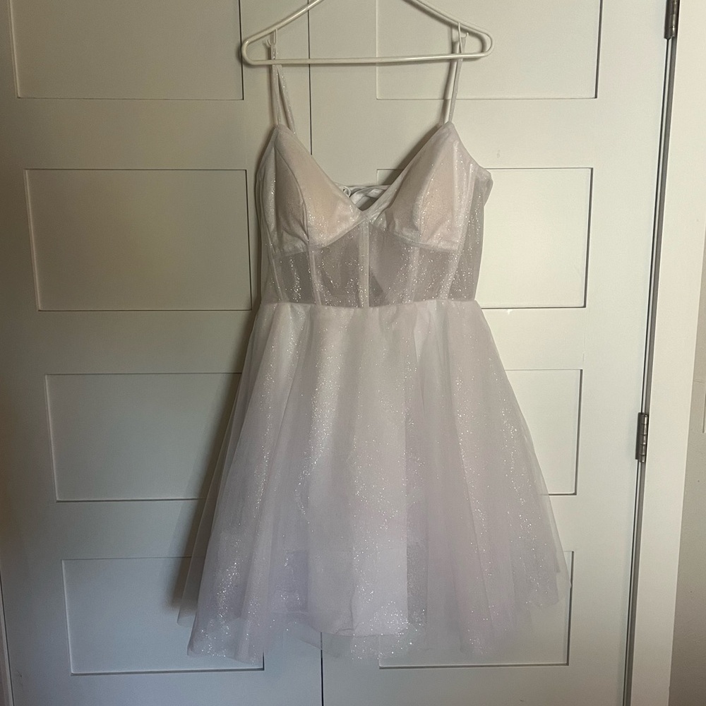Sparkling Prom White Wedding Dress Short Party Sheer Bodice Straps NWT Formal